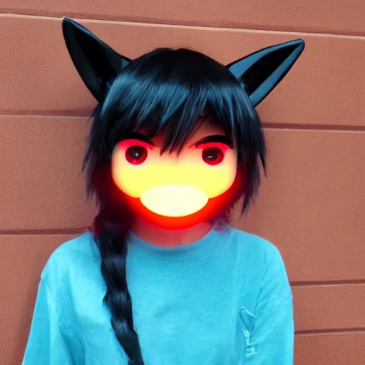 Prompt: anime tomboy with dark skin, black hair, wolf ears and glowing orange eyes