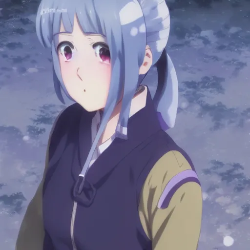 Prompt: cute anime shima rin shimarin yuru camp dark - blue hair bun tied in a high bun purple violet eyes portrait by greg rutkowski makoto shinkai kyoto animation forest background ultrahd pixiv award winning