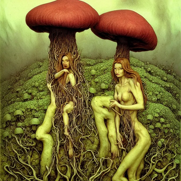 Image similar to A funguswoman stands among the mushroom hills. Lush mold. Wearing a fungus and mushroom. Perfect faces, symmetrical faces, symmetrical features, coherent faces, extremely high detailed, fine details, realistic, fantasy art, solo, masterpiece, art by Zdzisław Beksiński, Arthur Rackham, Dariusz Zawadzki, Edward Robert Hughes, Eugene de Blaas, Frederic Leighton