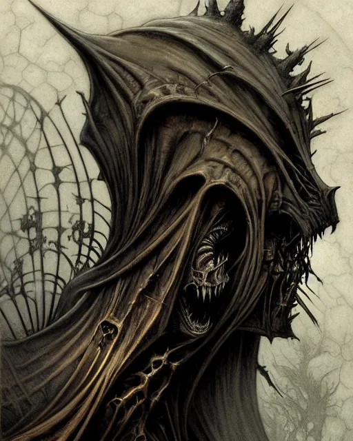 Image similar to side shot of platonic ideal of niander wallace, malignant dieselpunk and god complex dementor wild hunt chtulu nazgul mandelbulb davinci, frank frazetta, fantasy, ego death, detailed, intricate, volumetric lighting, hyperrealism, intense, scary, decay, artgerm, greg rutkowski, alphonse mucha