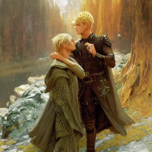 Prompt: attractive male, blond hair arthur pendragon confesses his love to attractive male dark harried merlin. highly detailed painting by gaston bussiere, craig mullins, j. c. leyendecker 8 k