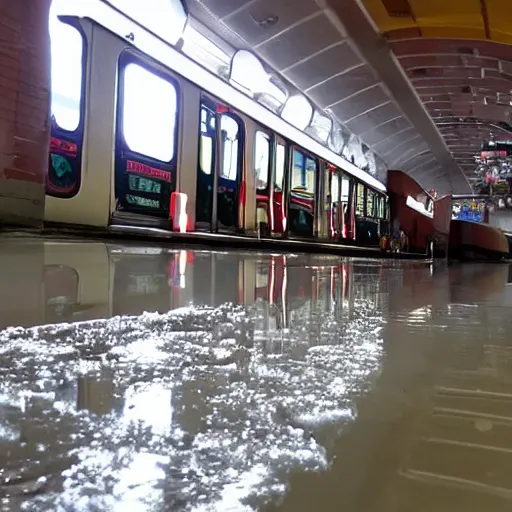 Prompt: photo of a train station, with floor flooded with ice cream