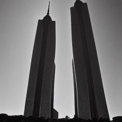 Prompt: sideways Twin Towers collapse horizontally in the cloudless Tuesday sky