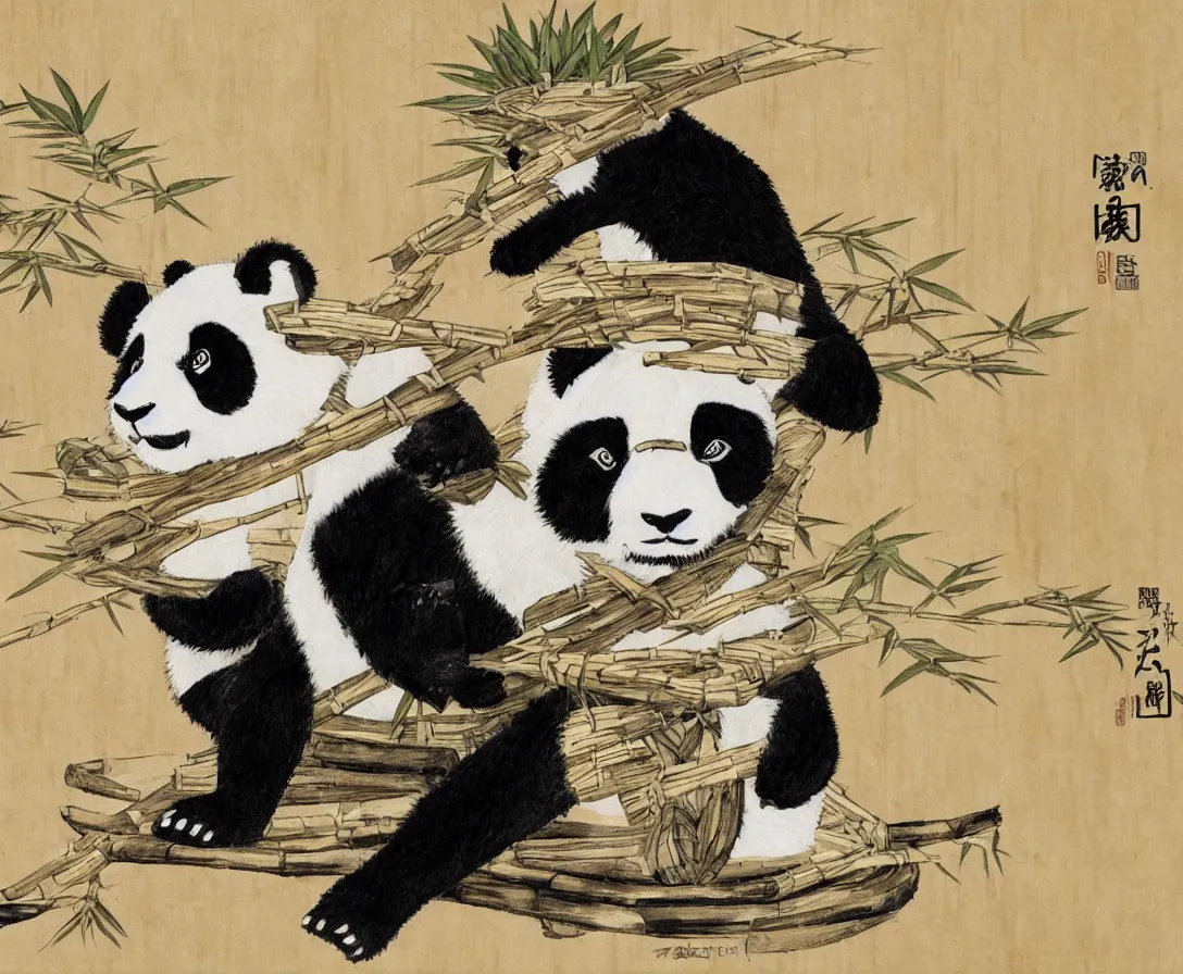 Image similar to anime panda sitting on a bamboo throne, game of thrones