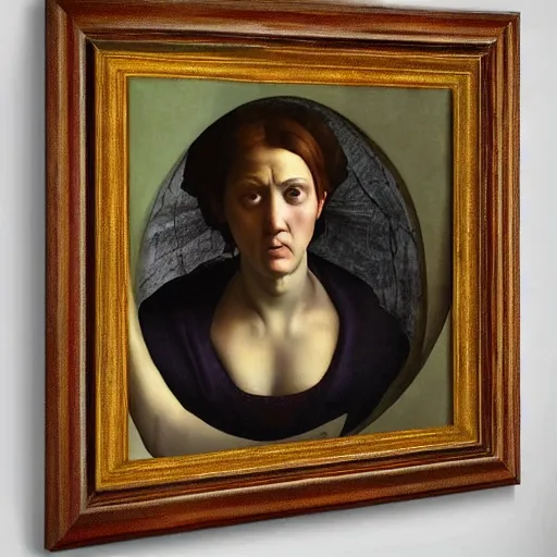 Image similar to scared woman staring up, high detail painting by michelangelo