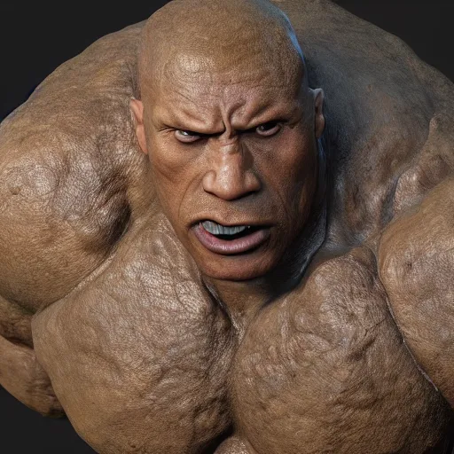 Image similar to dwayne johnson is a boulder rock made of stone, the thing from fantastic 4, octane render, 8 k cinematic still, highly detailed, sculpted in zbrush, textured in substance painter, featured on artstation