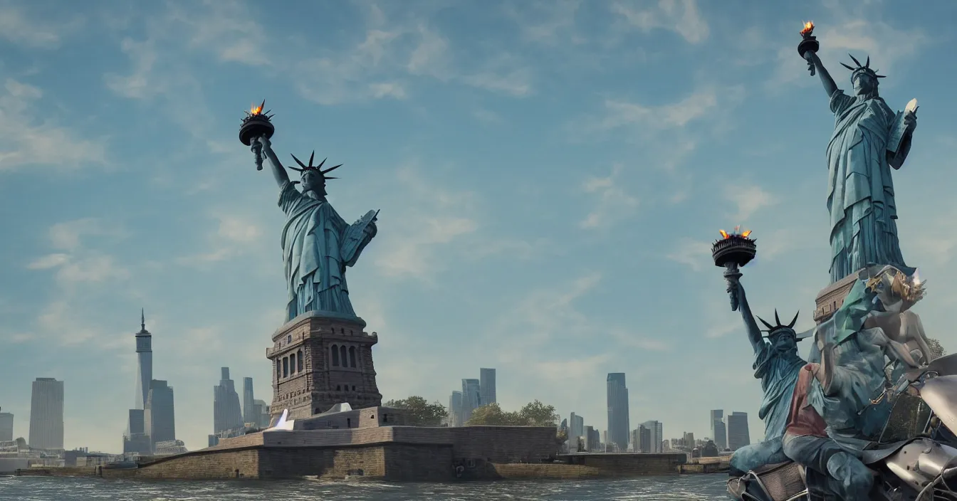 the statue of liberty is riding on a chopper and her | Stable Diffusion