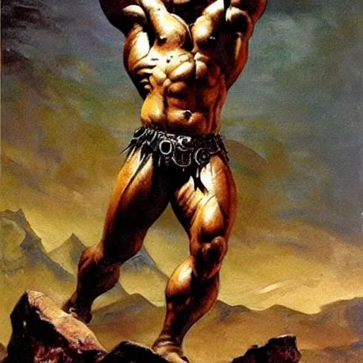 Image similar to muscular lion as barbarian hunter full body ,human legs ,very textured detailed oil painting by Frank Frazetta