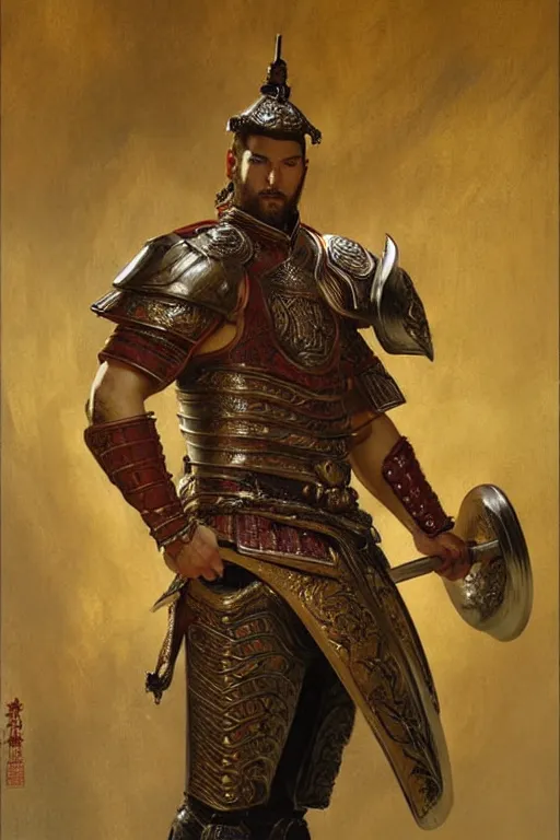 Prompt: attractive beefy male with armor, tang dynasty, character design, painting by gaston bussiere, craig mullins, j. c. leyendecker, tom of finland