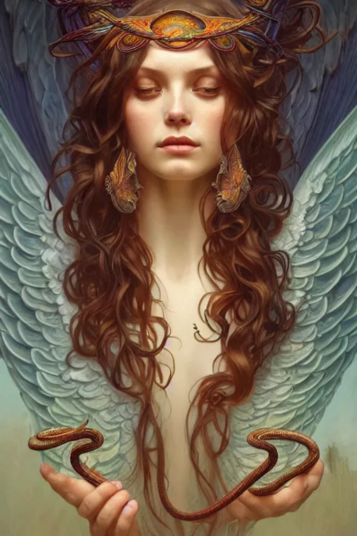 Prompt: angels that look like hippies dancing with snakes, fantasy, amber eyes, face, long hair, intricate, elegant, highly detailed, digital painting, artstation, concept art, smooth, sharp focus, illustration, art by artgerm and greg rutkowski and alphonse mucha
