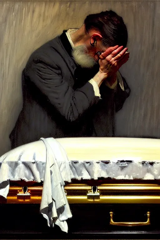 Prompt: a sad man mourning over a casket by alfred stevens and sherree valentine daines and sydney prior hall and norman rockwell, casket, grey cloth, highly detailed, deep shadows, accurate face, hyperrealism, dim lighting, candle, victorian, accurate fingers