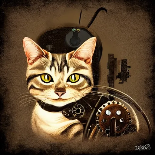 Image similar to a steampunk robotic cat, dark background, super - detailed,