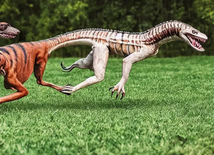 Image similar to photo of a dog and a velociraptor playing together