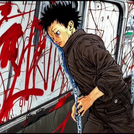 Image similar to tetsuo from akira painting a graffiti in a new york subway train, post apocalyptic scene, katsuhiro otomo, high detail, 4 k