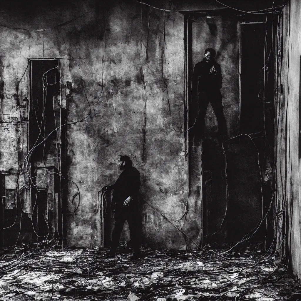 Image similar to a man in black in leather, watching a black hole forming in the grimy grungy basement of an abandoned apartment block, wires, cables, grainy black and white photography