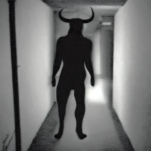 Prompt: hi - 8 night vision camera found - footage of a barely visible, bipedal minotaur with shrouded in darkness at the end of an extremely dark hallway in a basement of an abandoned house