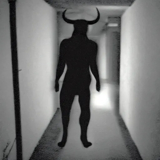 Image similar to hi - 8 night vision camera found - footage of a barely visible, bipedal minotaur with shrouded in darkness at the end of an extremely dark hallway in a basement of an abandoned house