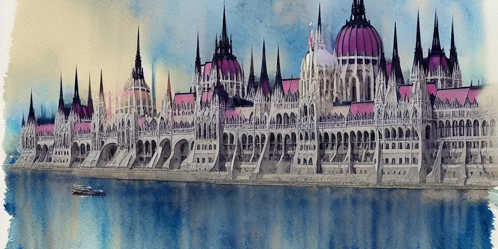 Prompt: a beautiful insanely intricate watercolor illustration of parlament in budapest, reflexions, colorfull, by william turner art, by greg rutkowski, by james jean, by rossdraws, by frank franzzeta, by sakimichan, by edmund dulac, trending on artstation, insanely detailed, masterpiece,