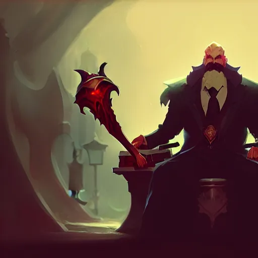 Prompt: gentleman from hell on the throne, league of legends, concept art, character design, wallpapers, dark fantasy, greg rutkowski, trending on artstation, detailed