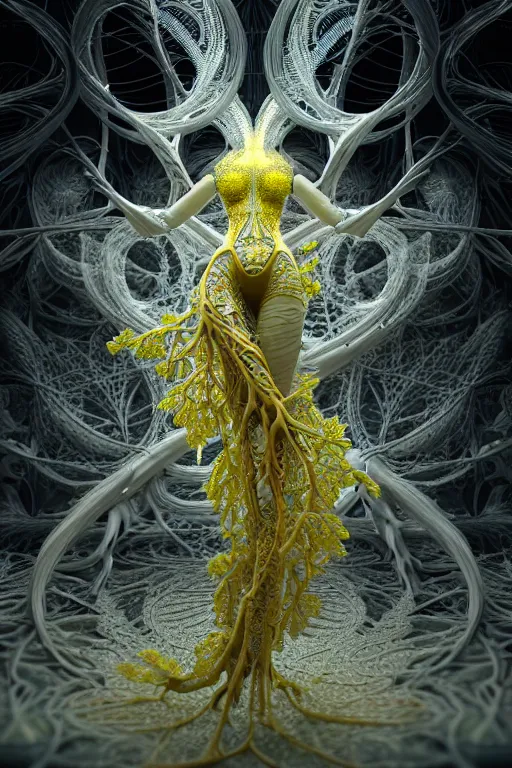 Prompt: intricate hyper detailed ultra sharp 3 d render, unity of mood, biomechanical cyborg ladies dancing, atmospheric, foliage, fractal, flowing, white large pore fungi, cyberpunk art nouveau, haute couture alexander mcqueen leaves stems dahlia blooming transparent fractal filigree roots, intricate details, octane render, volumetric cinematic lighting, natural beautiful light, yellow infrared, lumiol, 8 k,