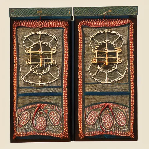 Prompt: lace panel with decorative motifs of railroad trains, telegraph poles, electric lights and hot air balloons ca. 1 9 0 0