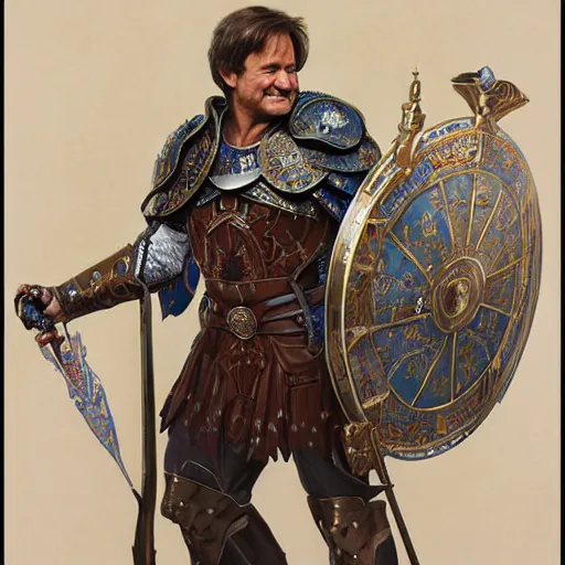 Image similar to an ultradetailed portrait of robin williams dressed as a fantasy holy paladin, carrying a large tower shield, d & d, fantasy, intricate, elegant, highly detailed, digital painting, matte, sharp focus, illustration, plate armor, god rays, art by john collier and albert aublet and krenz cushart and artem demura and alphonse mucha