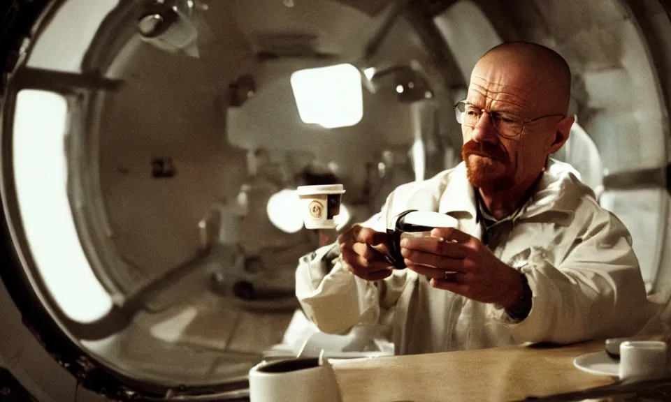 Image similar to 3 5 mm film still, walter white having a coffee break in space