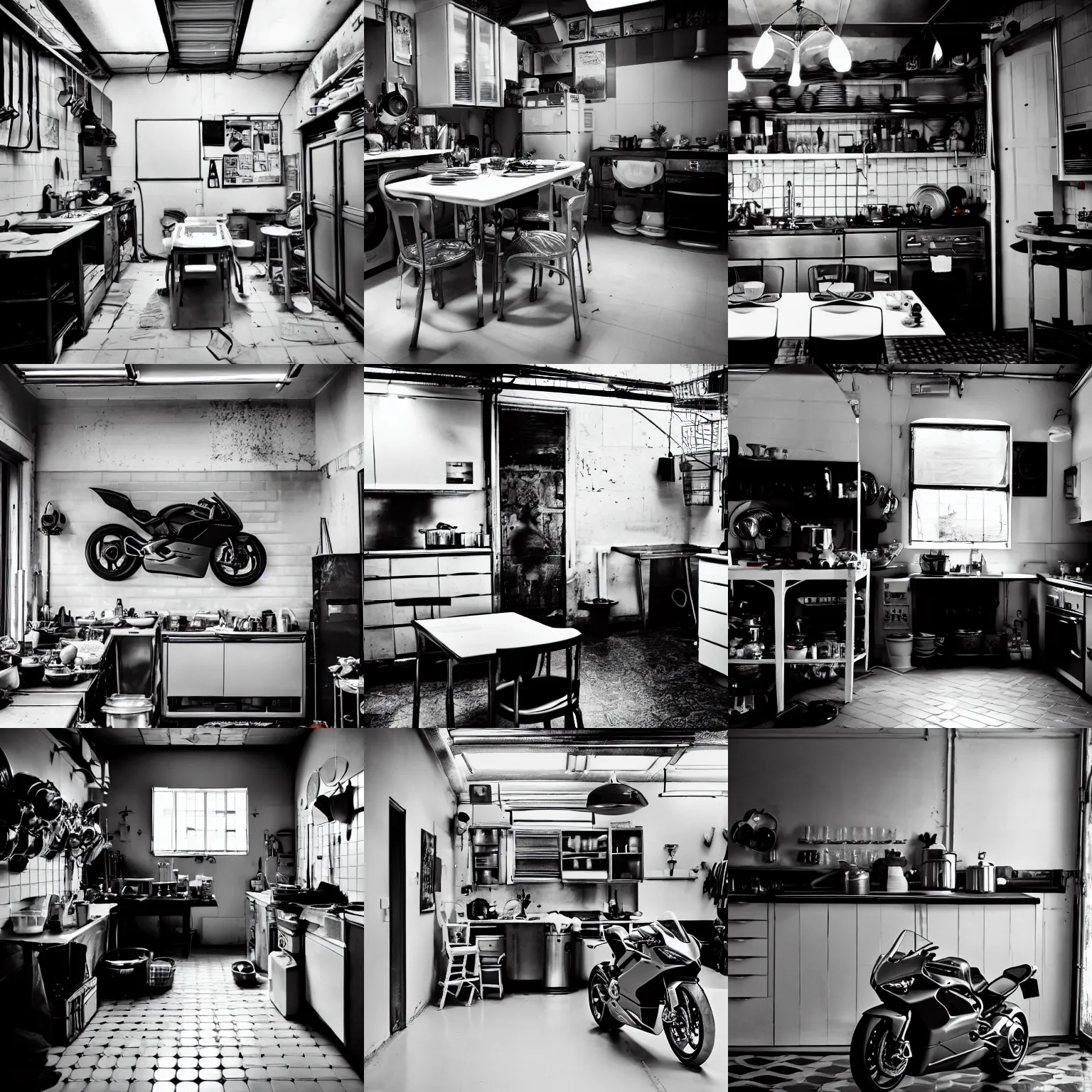 Prompt: a huge ducati panigale standing in cluttered cozy kitchen, darkroom, candles, chairs and tables, white tile on the floor, overexposed, by paolo pellegrin, by trent parke, prize winning photo, cinematic