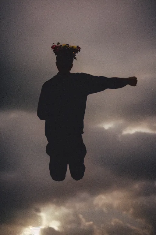 Image similar to agfa vista 4 0 0 photograph of a guy flying through the clouds, flower crown, lens flare, back view, moody lighting, moody vibe, telephoto, 9 0 s vibe, grain, vintage, tranquil, calm, faded