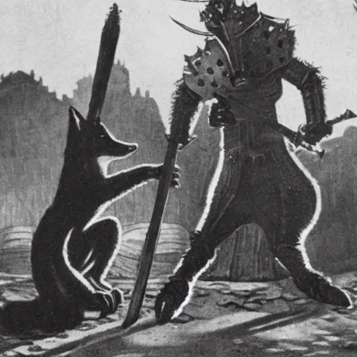 Image similar to anthropomorphic fox man fights in front of a castle against evil knight, 1910s film scene