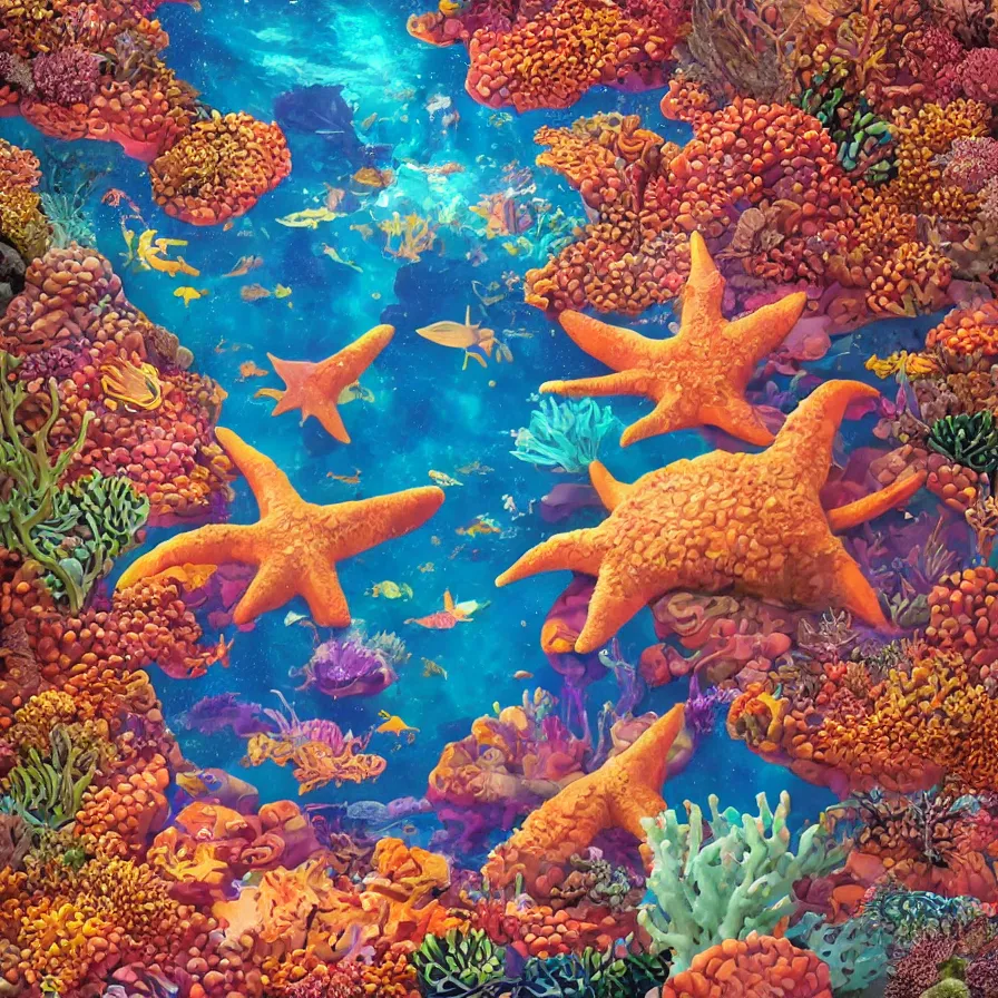 Image similar to album art, retrofuturism, of different coloured corals, with big starfish, creatures, rocky landscape, floating waterfalls, omni magazine, beautiful visuals