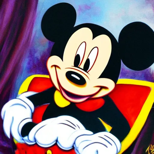 Image similar to a painting of mickey mouse sitting on the spiky iron throne (from game of thrones) wearing the ring of power (from lord of the rings) on his finger