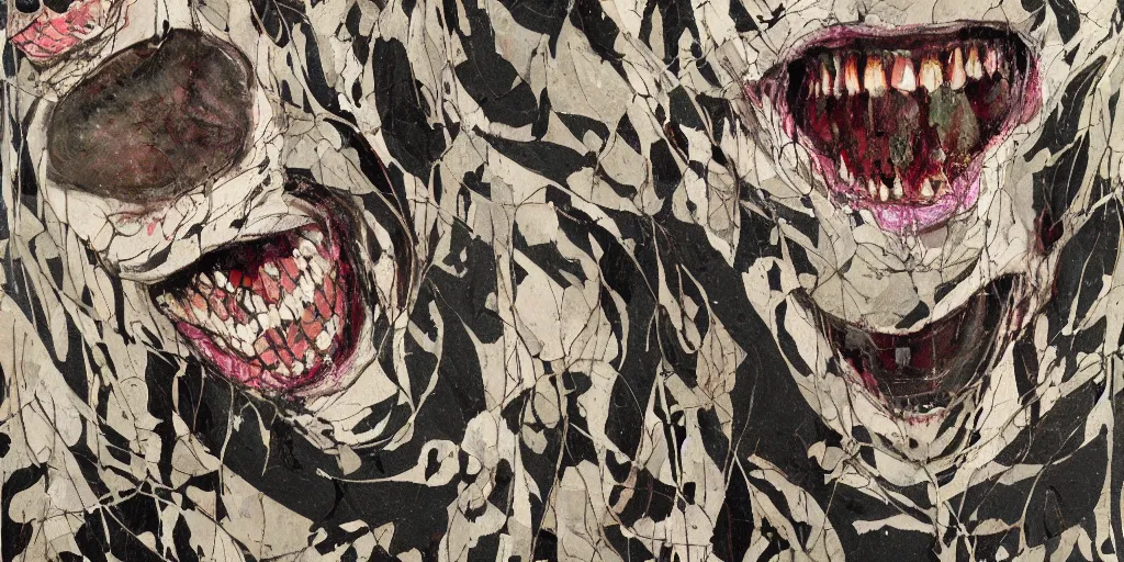 Image similar to camo made of teeth, smiling, abstract, francis bacon artwork, cryptic, dots, stipple, lines, splotch, color tearing, pitch bending, faceless people, dark, ominious, eerie, minimal, points, technical, old painting
