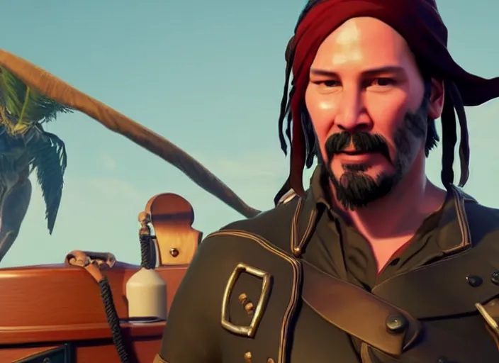 Prompt: Keanu reeves in the role of pirate in the Sea of Thieves, on the ship in the sea, At the helm, game screenshot, octave render, epic light