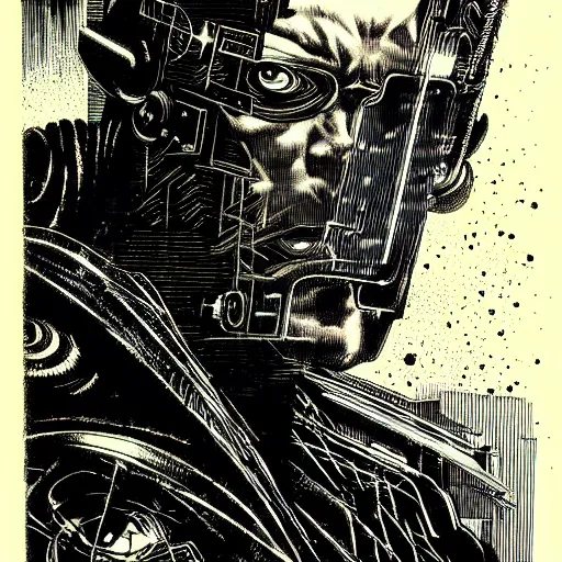 Prompt: cyberpunk portrait, by bernie wrightson, etching, screen print, sharp,