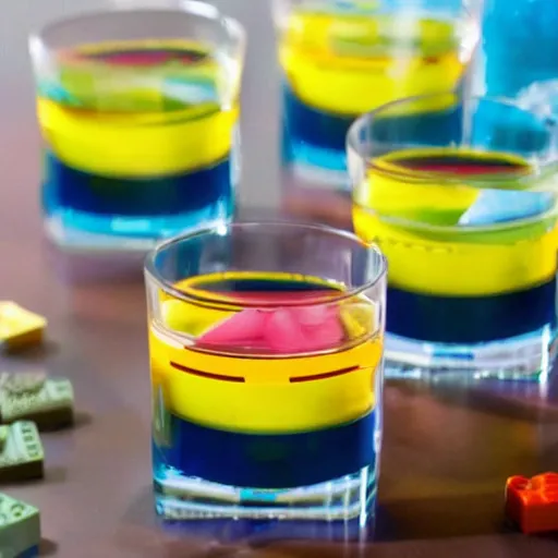 Prompt: a colorful lego - themed mixed drink, cookbook photo