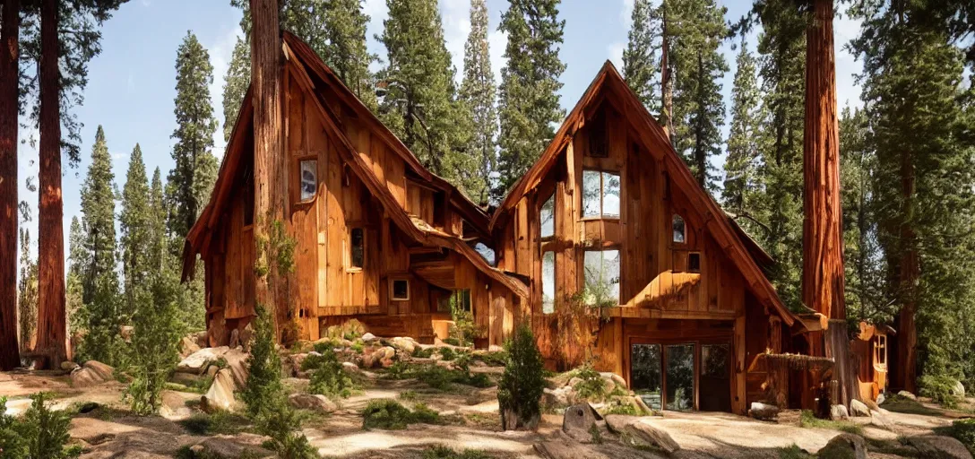 Prompt: house built into a giant sequoia