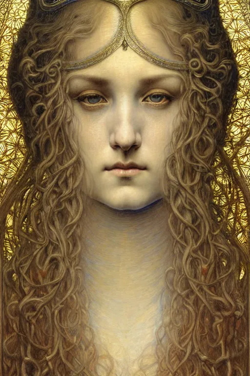 Image similar to detailed realistic beautiful young medieval queen face portrait by jean delville, gustave dore and marco mazzoni, art nouveau, symbolist, visionary, gothic, pre - raphaelite. horizontal symmetry