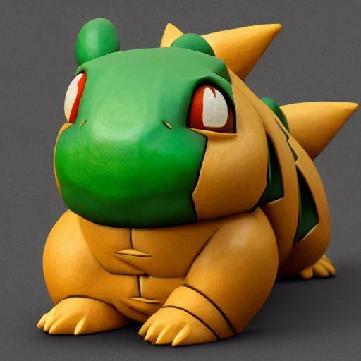 Prompt: wooden sculpture of pokemon bulbasaur, wide shot, vibrant color details, zbrush, hyper realistic, golden ratio, macro lens, unreal engine, octane render, symmetri