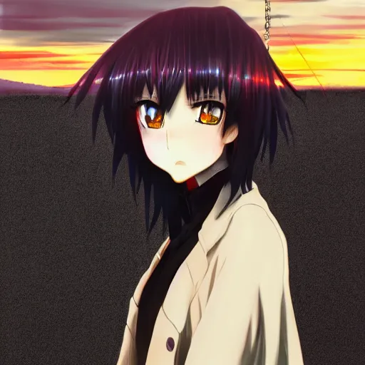 Prompt: 1 7 - year - old anime goth girl, black hair, long bob cut, long bangs, gothic coat, golden hour, partly cloudy sky, red clouds, orange sky, old town, futuristic old town, strong lighting, strong shadows, vivid hues, ultra - realistic, sharp details, subsurface scattering, intricate details, hd anime, 2 0 1 9 anime