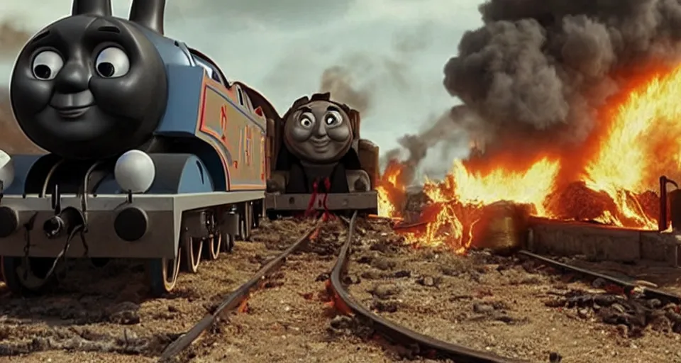 Prompt: still frame of Thomas the Tank Engine with fire in MAD MAX: FURY ROAD (2015)