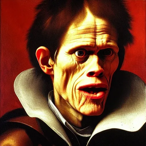 Prompt: close up portrait of willem dafoe eating an entire horse, oil painting, high detail, dark lighting, atmospheric, extremely detailed, intricate, da vinci, michelangelo, caravaggio, hans holbein, 8 k