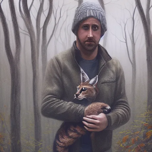 Image similar to Ryan Gosling holding a cute caracal in an autumn forest, by Aron Wiesenfeld and beksincki, cinematic, detailed illustration, nature, fog, dark colors, suspense, intricate, 8k