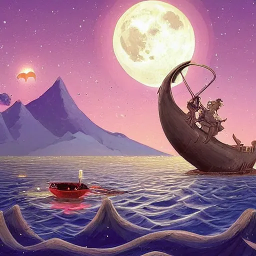 Prompt: a giant!!!! anglerfish!!!! near the surface of the water meets a lantern - holding!!!! sailor!!!! on a sloop, ( background with large full moon and purple sky ), in the styles of tom coletti, jorge jacinto, and thomas veyrat intricate, accurate details