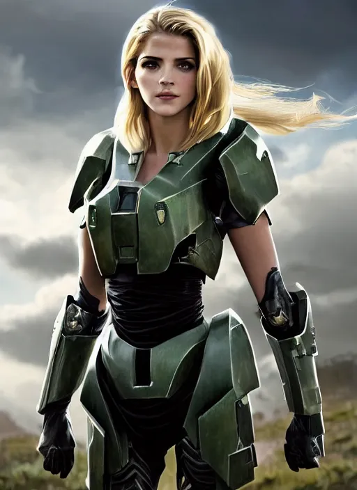 Prompt: portrait of a combination of Ashley Greene, Katheryn Winnick, Victoria Justice and Adriana Dxim, Grace Kelly, Emma Watson and Lily Collins with blonde hair wearing Forerunner Armor from Halo, countryside, calm, fantasy character portrait, dynamic pose, above view, sunny day, thunder clouds in the sky, artwork by Jeremy Lipkin and Giuseppe Dangelico Pino and Michael Garmash and Rob Rey and Greg Manchess and Huang Guangjian, very coherent asymmetrical artwork, sharp edges, perfect face, simple form, 100mm