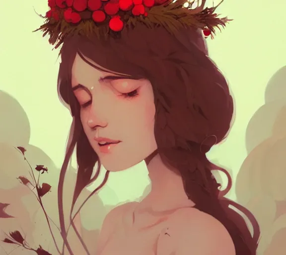 Prompt: portrait of forest godess with cotton flower crown, by atey ghailan, by greg rutkowski, by greg tocchini, by james gilleard, by joe fenton, by kaethe butcher, by ashley wood, dynamic lighting, gradient light red, brown, blonde cream and white color scheme, grunge aesthetic