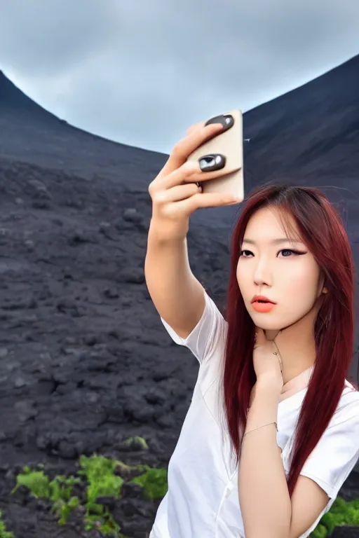 Prompt: female kpop model taking a selfie in front of an active volcano with lava, eruption, trending on Twitter, cinematic, hair blowing in the wind, Korean woman, makeup, unbelievable photo, selca, asia, hawaii, asian, 20’s, young woman, beautiful photography, k-pop, high quality, flames and ash, what the, famous photo, red sky, unbothered