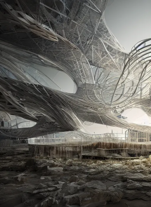 Image similar to art exhibition, architecture installation in biennale venezia, bioremediation white mining tailing futuristic horizontal architecture, epic, cinematic, hyperealistic, high detailed, corona render, hdr, ray tracing