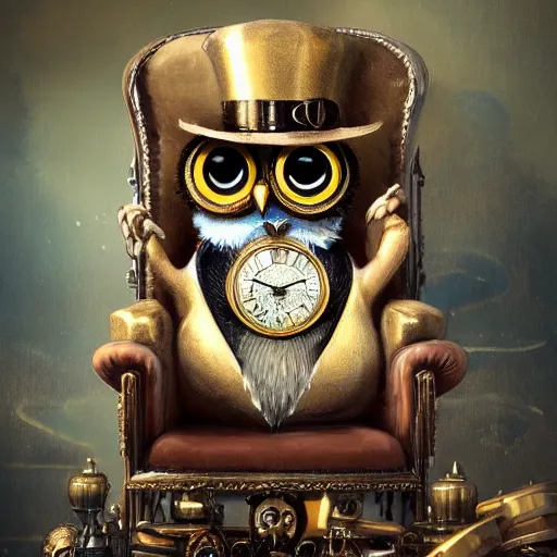 Image similar to oil painting of grumpy rich steampunk owl sitting in fancy chair, wearing top hat, holding gold watch, steampunk factory background, sharp focus, fantasy style, octane render, volumetric lighting, 8k high definition, by greg rutkowski, highly detailed, trending on art Station, magic the gathering artwork, centered, deviantart,