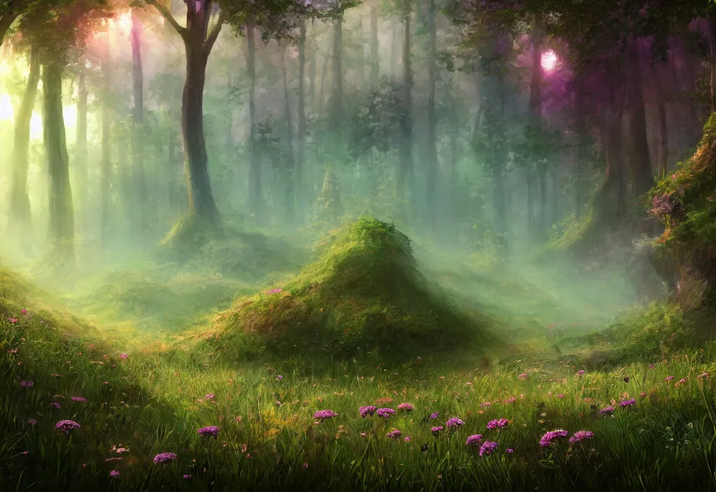 Prompt: a flowering meadow a forest behind it, no purple, epic alien fantasy, detailed, intricate, digital painting, concept art, realistic, smooth, focus, rim light